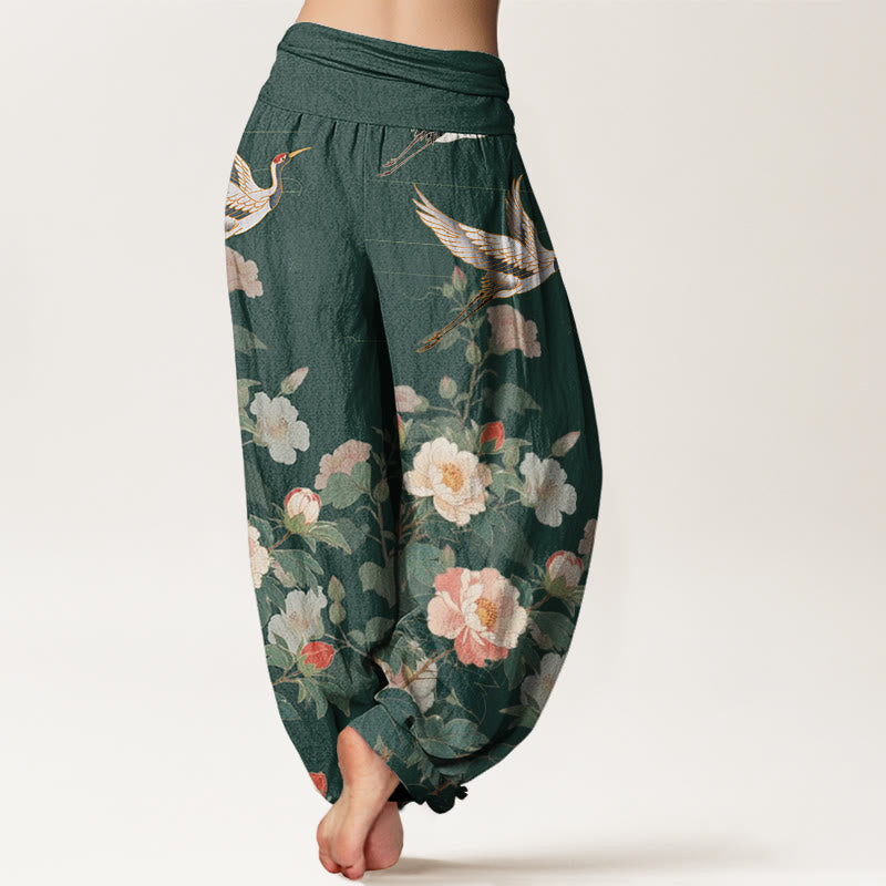 Buddha Stones Casual Crane Peony Pattern Women's Elastic Waist Harem Pants - image 7