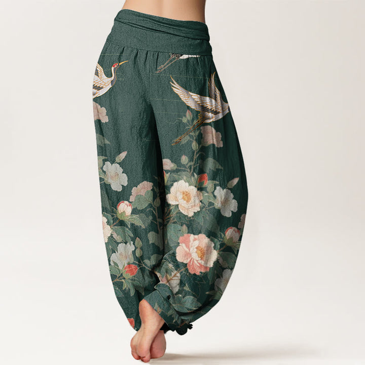 Buddha Stones Casual Crane Peony Pattern Women's Elastic Waist Harem Pants - image 7