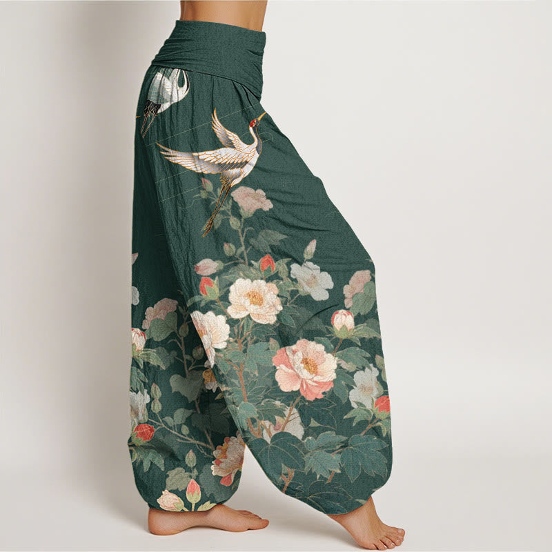 Buddha Stones Casual Crane Peony Pattern Women's Elastic Waist Harem Pants - image 6