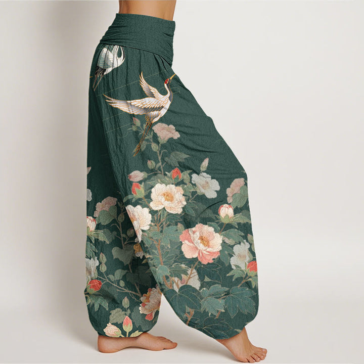 Buddha Stones Casual Crane Peony Pattern Women's Elastic Waist Harem Pants - image 6