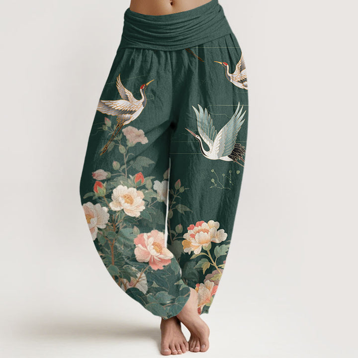 Buddha Stones Casual Crane Peony Pattern Women's Elastic Waist Harem Pants - DarkGreen - US22，UK/AU26，EU54 (6XL) - image 5
