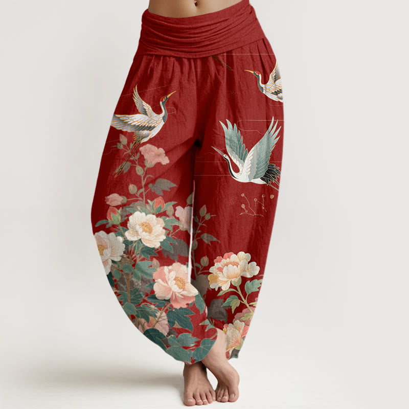 Buddha Stones Casual Crane Peony Pattern Women's Elastic Waist Harem Pants - FireBrick - US22，UK/AU26，EU54 (6XL) - image 8