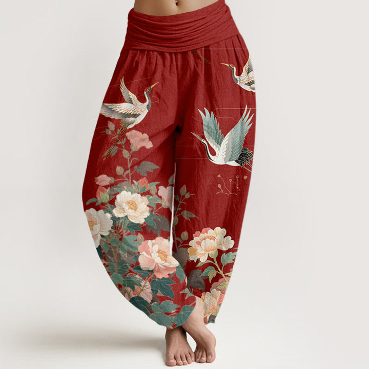 Buddha Stones Casual Crane Peony Pattern Women's Elastic Waist Harem Pants - FireBrick - US22，UK/AU26，EU54 (6XL) - image 8