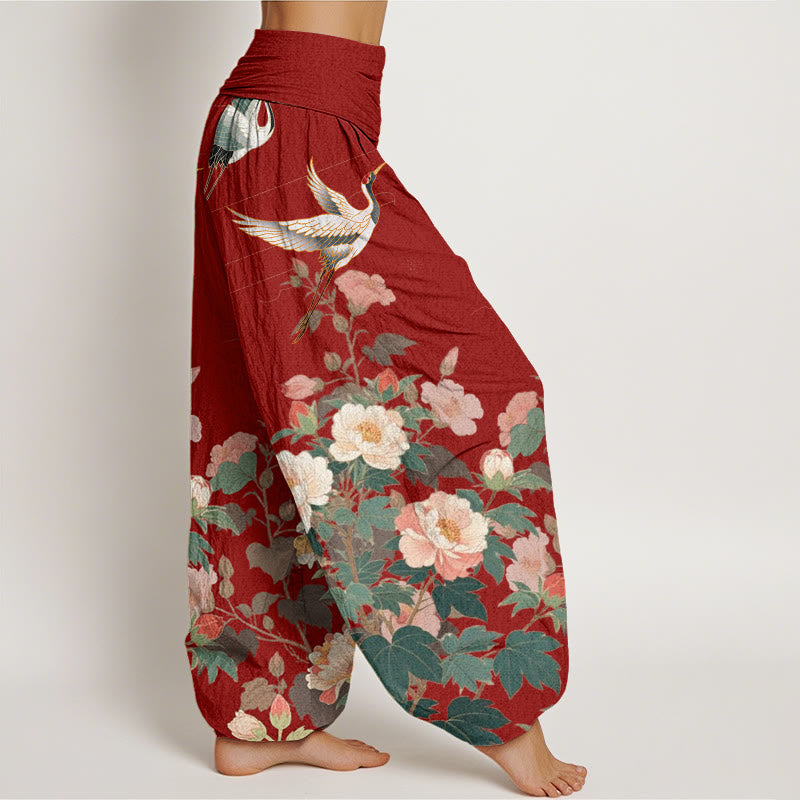 Buddha Stones Casual Crane Peony Pattern Women's Elastic Waist Harem Pants - image 9