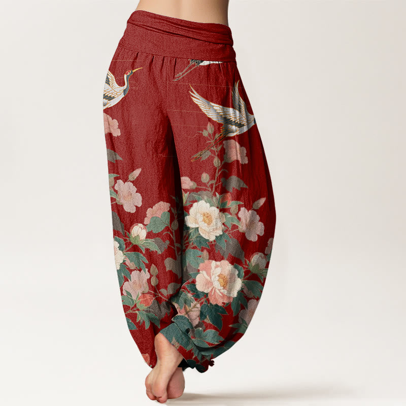 Buddha Stones Casual Crane Peony Pattern Women's Elastic Waist Harem Pants - image 10