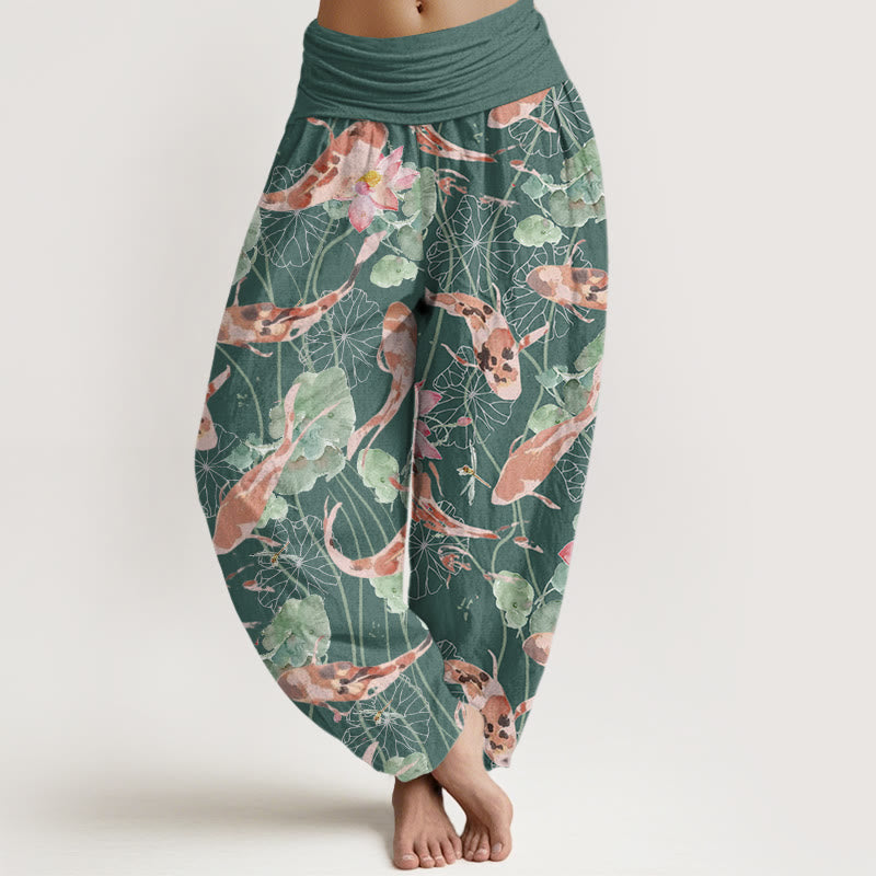 Buddha Stones Casual Koi Fish Lotus Pattern Women's Elastic Waist Harem Pants - CadetBlue - US22，UK/AU26，EU54 (6XL) - image 1