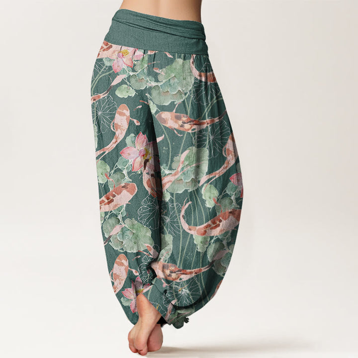 Buddha Stones Casual Koi Fish Lotus Pattern Women's Elastic Waist Harem Pants - image 3