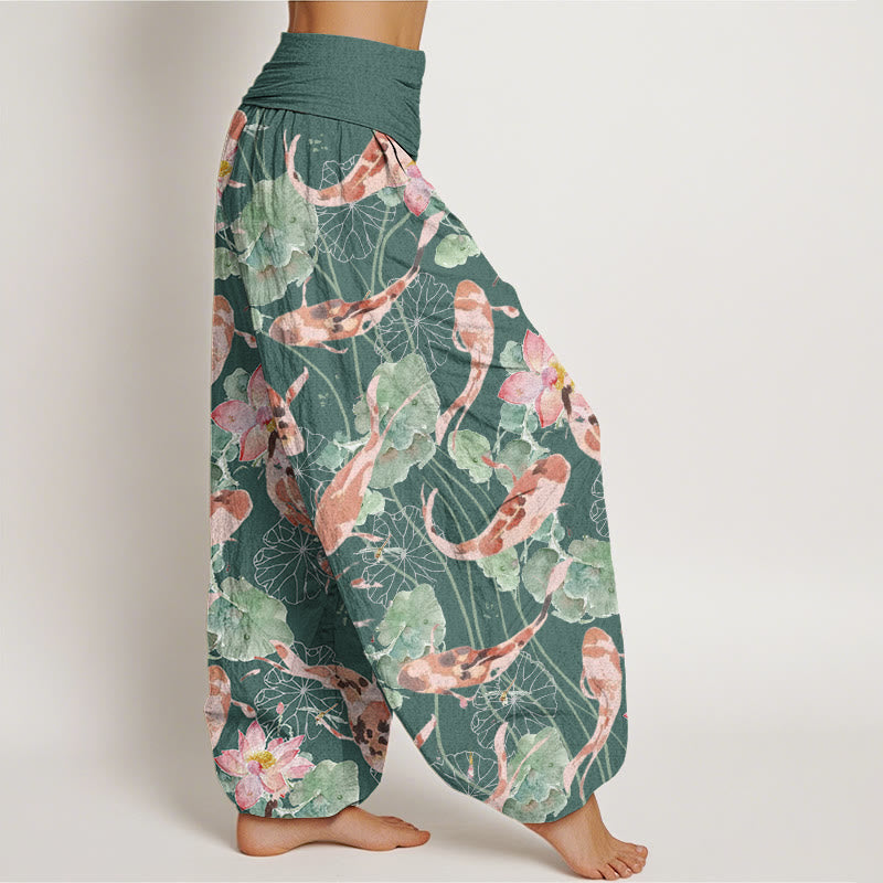 Buddha Stones Casual Koi Fish Lotus Pattern Women's Elastic Waist Harem Pants - image 2