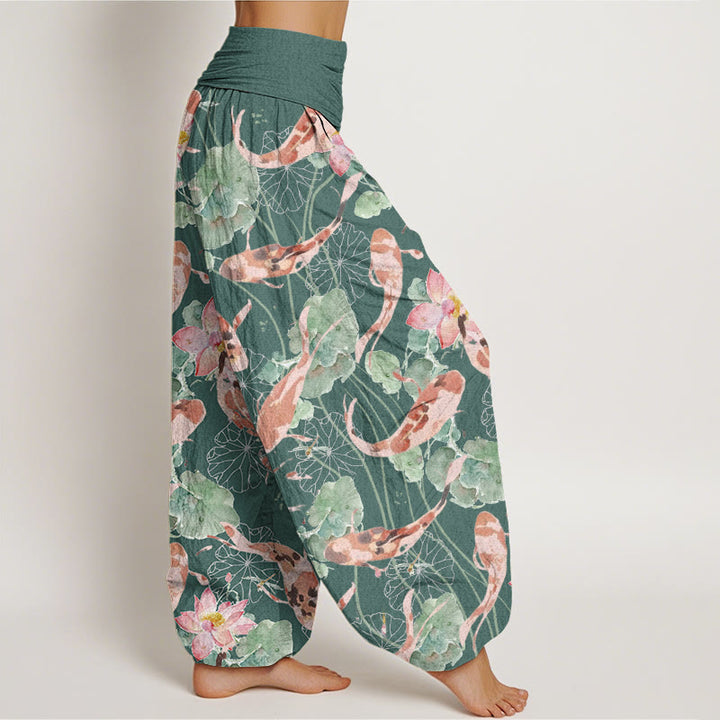 Buddha Stones Casual Koi Fish Lotus Pattern Women's Elastic Waist Harem Pants - image 2