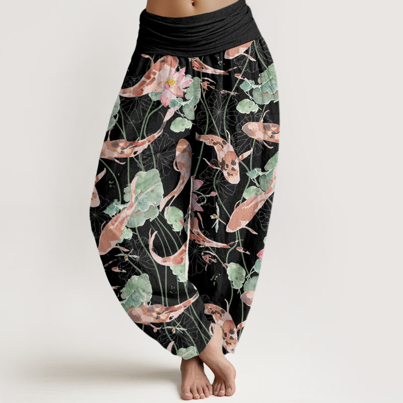 Buddha Stones Casual Koi Fish Lotus Pattern Women's Elastic Waist Harem Pants - Black - US22，UK/AU26，EU54 (6XL) - image 5