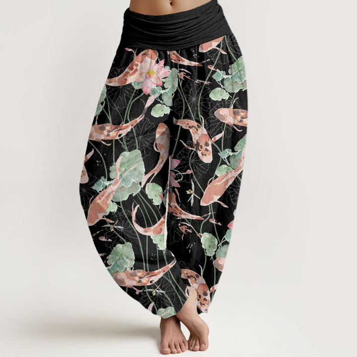 Buddha Stones Casual Koi Fish Lotus Pattern Women's Elastic Waist Harem Pants - Black - US22，UK/AU26，EU54 (6XL) - image 5
