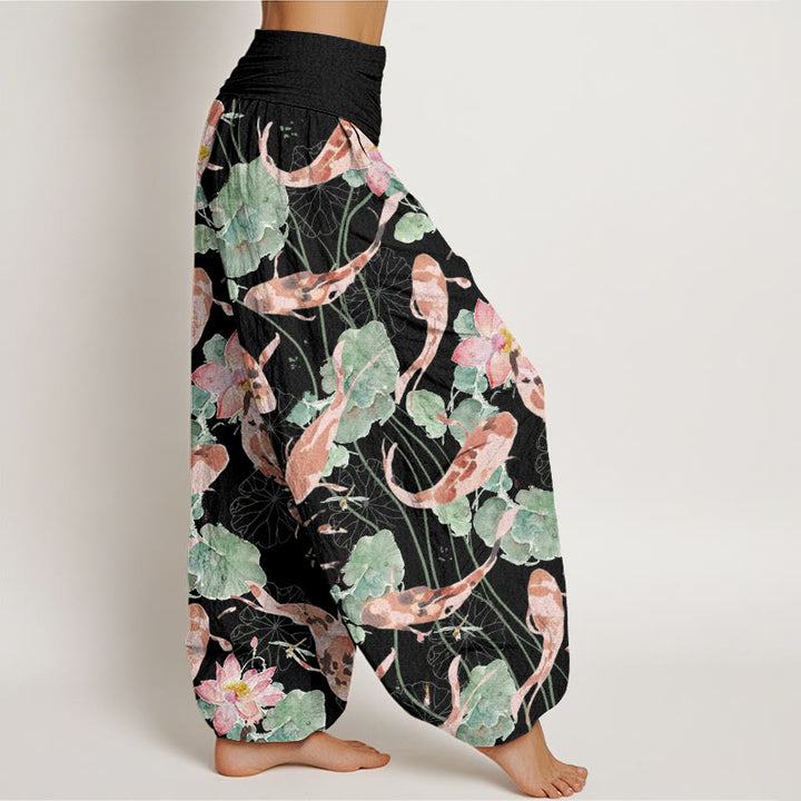 Buddha Stones Casual Koi Fish Lotus Pattern Women's Elastic Waist Harem Pants - image 6