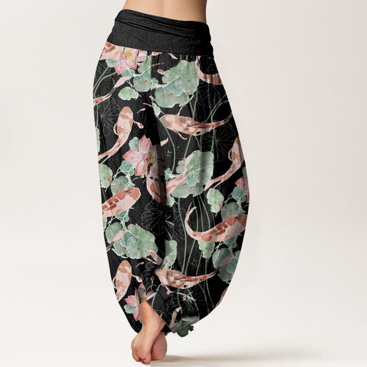 Buddha Stones Casual Koi Fish Lotus Pattern Women's Elastic Waist Harem Pants - image 7