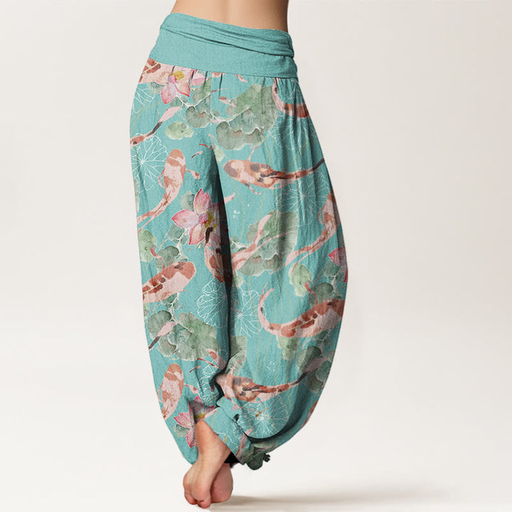 Buddha Stones Casual Koi Fish Lotus Pattern Women's Elastic Waist Harem Pants - image 10