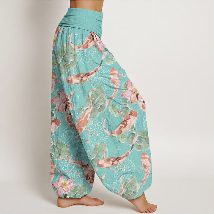 Buddha Stones Casual Koi Fish Lotus Pattern Women's Elastic Waist Harem Pants - image 9