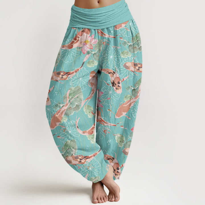 Buddha Stones Casual Koi Fish Lotus Pattern Women's Elastic Waist Harem Pants - MediumTurquoise - US22，UK/AU26，EU54 (6XL) - image 8