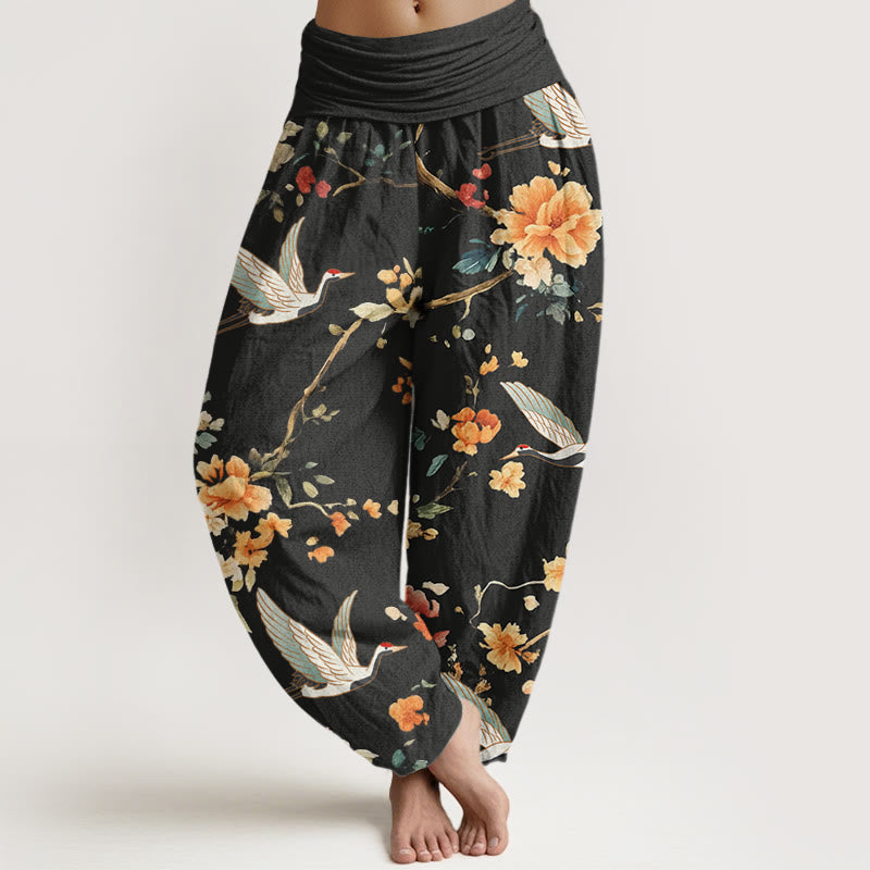 Buddha Stones Casual Crane Flower Branch Pattern Women's Elastic Waist Harem Pants - Black - US22，UK/AU26，EU54 (6XL) - image 1