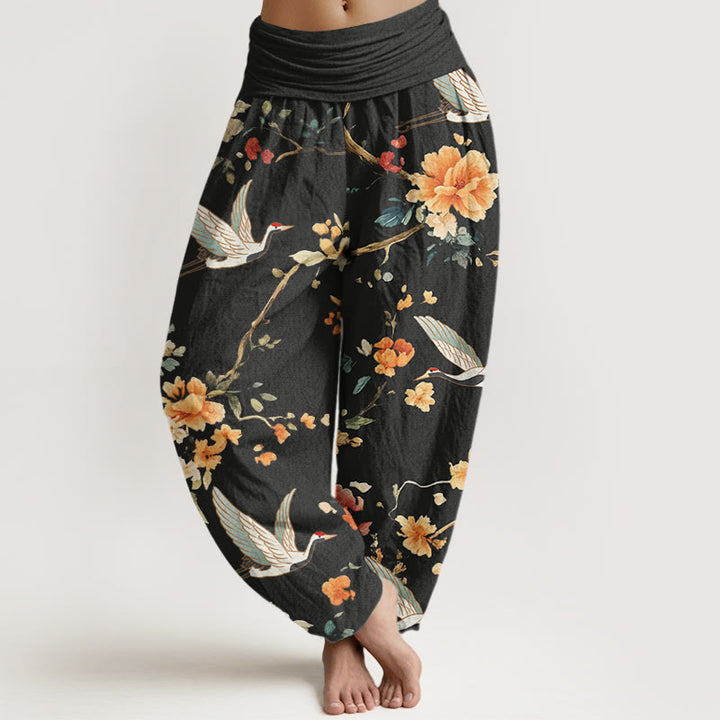 Buddha Stones Casual Crane Flower Branch Pattern Women's Elastic Waist Harem Pants - Black - US22，UK/AU26，EU54 (6XL) - image 1