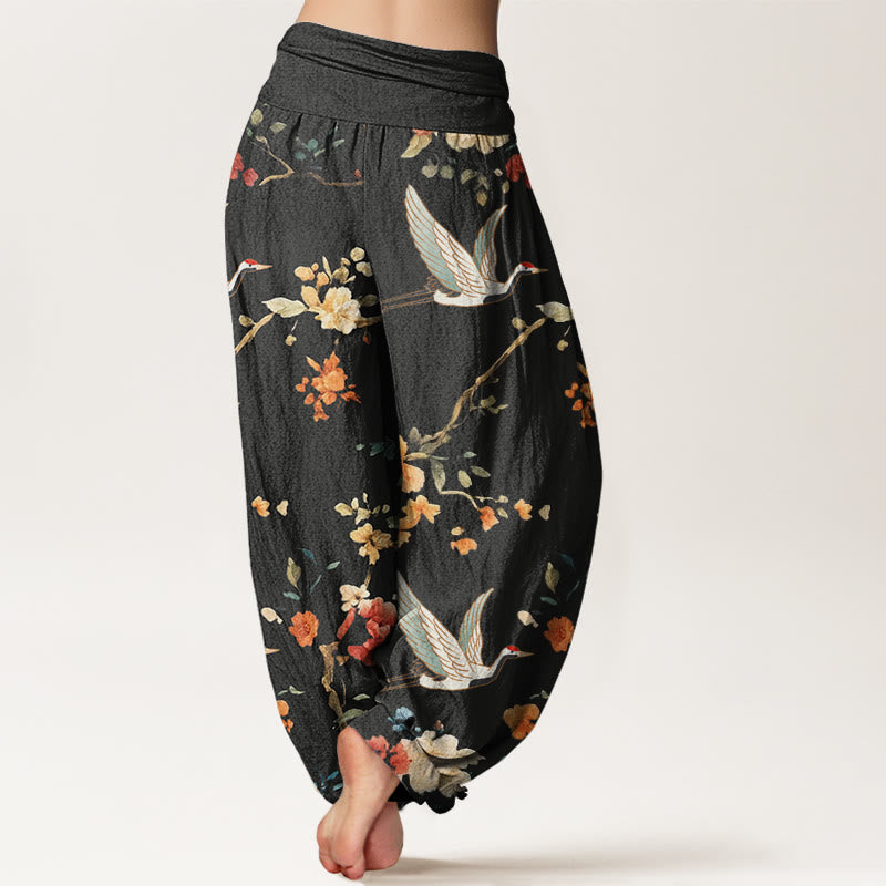 Buddha Stones Casual Crane Flower Branch Pattern Women's Elastic Waist Harem Pants - image 3