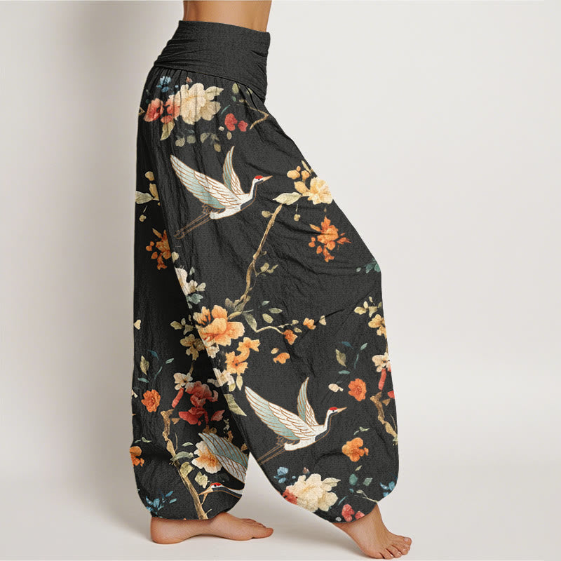 Buddha Stones Casual Crane Flower Branch Pattern Women's Elastic Waist Harem Pants - image 2