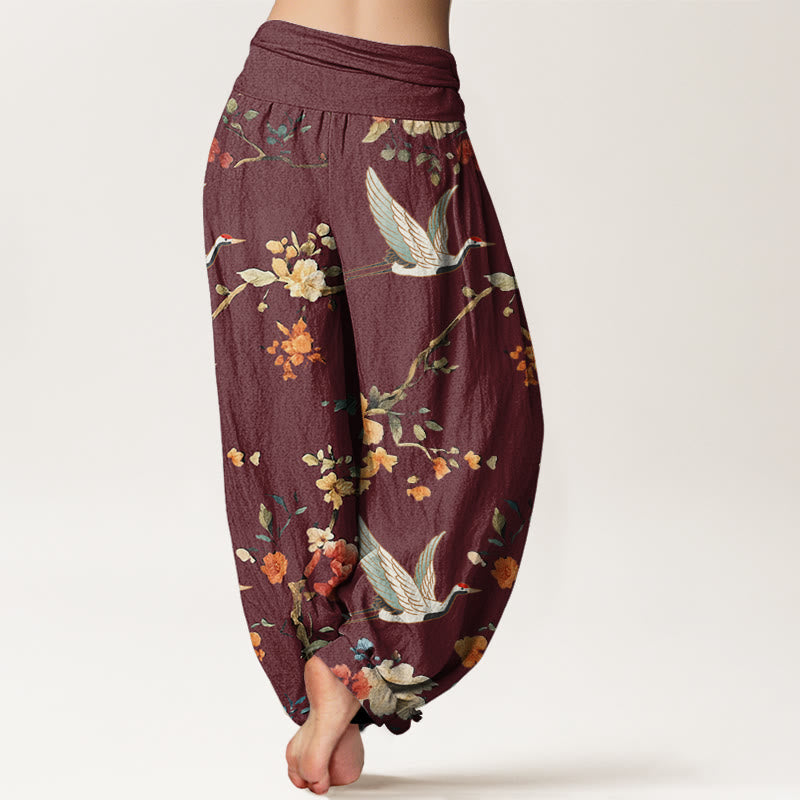 Buddha Stones Casual Crane Flower Branch Pattern Women's Elastic Waist Harem Pants - image 7