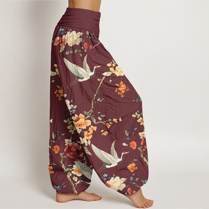 Buddha Stones Casual Crane Flower Branch Pattern Women's Elastic Waist Harem Pants - image 6