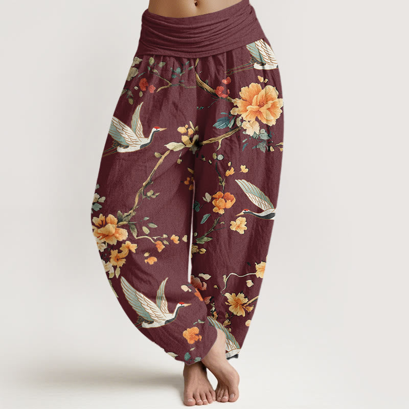 Buddha Stones Casual Crane Flower Branch Pattern Women's Elastic Waist Harem Pants - DarkRed - US22，UK/AU26，EU54 (6XL) - image 5