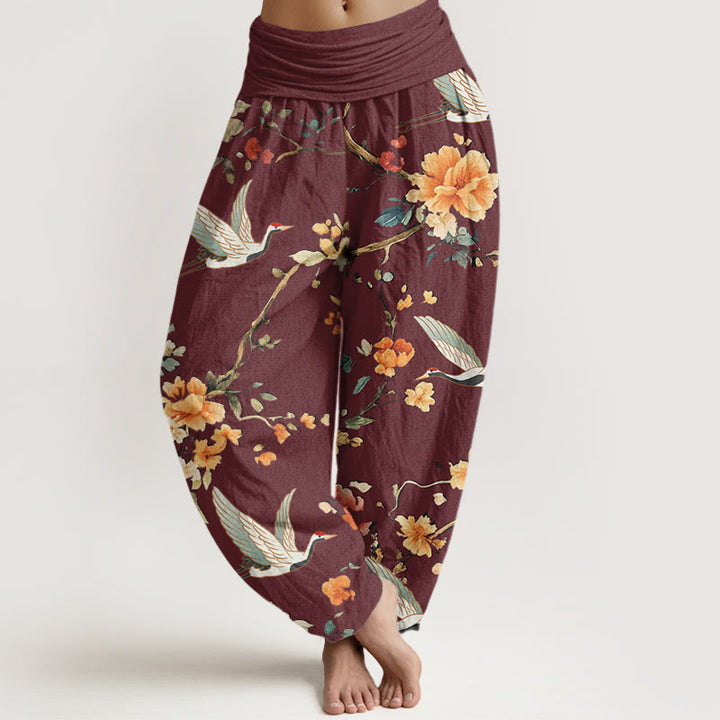 Buddha Stones Casual Crane Flower Branch Pattern Women's Elastic Waist Harem Pants - DarkRed - US22，UK/AU26，EU54 (6XL) - image 5