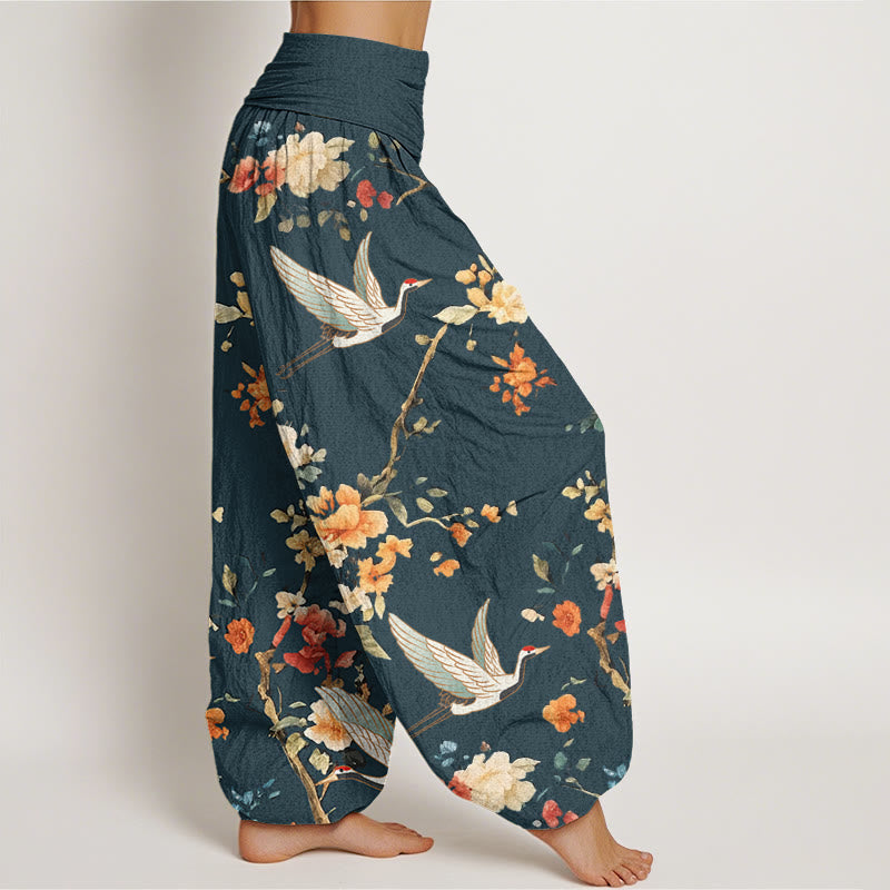 Buddha Stones Casual Crane Flower Branch Pattern Women's Elastic Waist Harem Pants - image 9