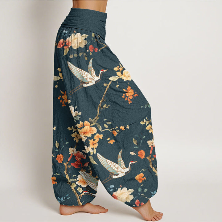 Buddha Stones Casual Crane Flower Branch Pattern Women's Elastic Waist Harem Pants - image 9