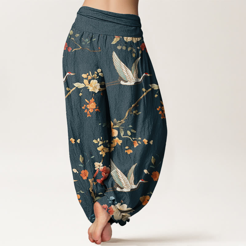 Buddha Stones Casual Crane Flower Branch Pattern Women's Elastic Waist Harem Pants - image 10