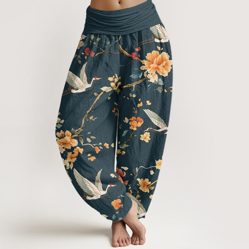 Buddha Stones Casual Crane Flower Branch Pattern Women's Elastic Waist Harem Pants - Teal - US22，UK/AU26，EU54 (6XL) - image 8