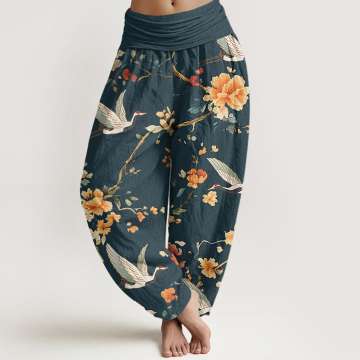 Buddha Stones Casual Crane Flower Branch Pattern Women's Elastic Waist Harem Pants - Teal - US22，UK/AU26，EU54 (6XL) - image 8