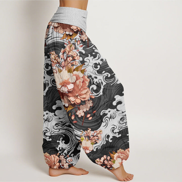 Buddha Stones Cotton Casual Wave And Floral Pattern Women's Elastic Waist Harem Pants - image 1