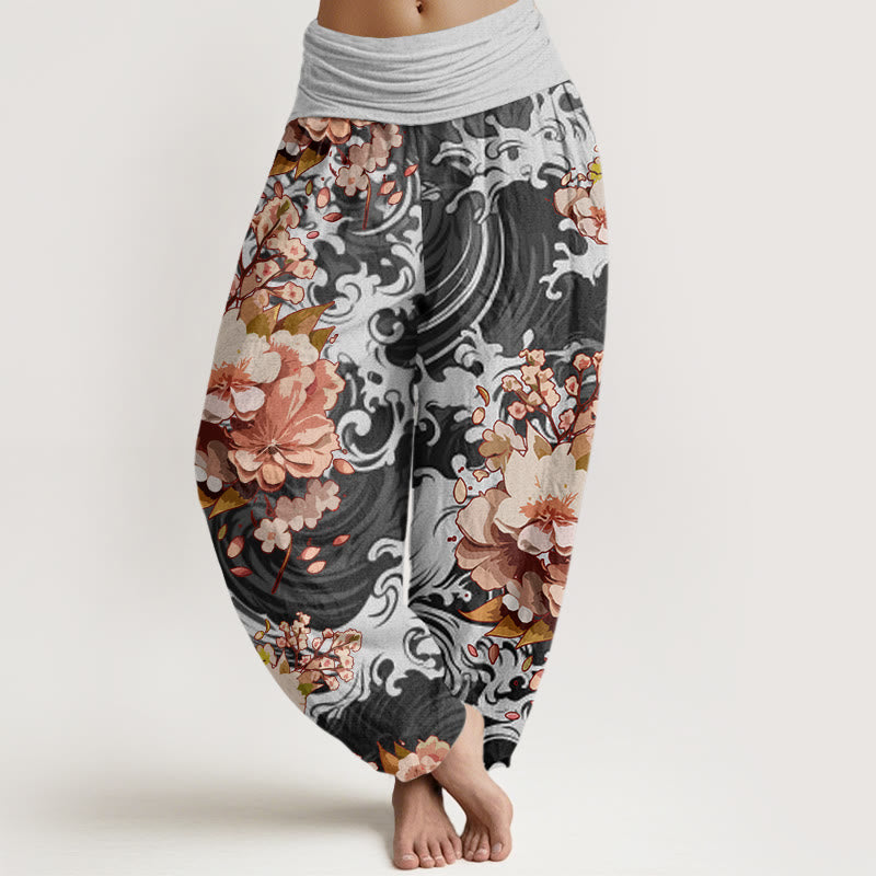 Buddha Stones Casual Wave And Floral Pattern Women's Elastic Waist Harem Pants - DimGray - US22，UK/AU26，EU54 (6XL) - image 1