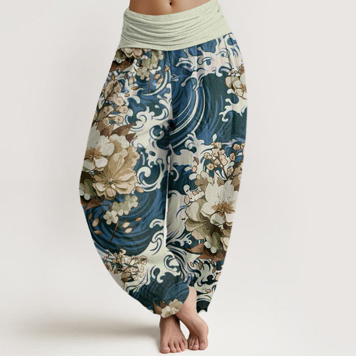 Buddha Stones Cotton Casual Wave And Floral Pattern Women's Elastic Waist Harem Pants - SteelBlue - US22，UK/AU26，EU54 (6XL) - image 4