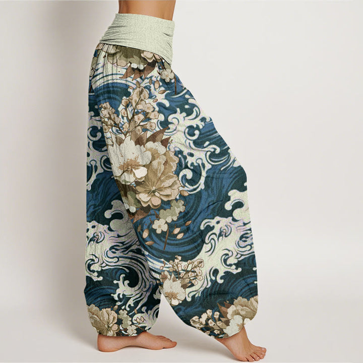 Buddha Stones Cotton Casual Wave And Floral Pattern Women's Elastic Waist Harem Pants - image 5