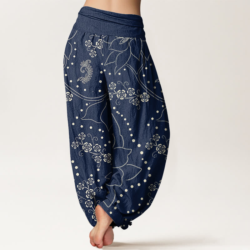 Buddha Stones Casual Large Flower Leave Pattern Women's Elastic Waist Harem Pants - image 3