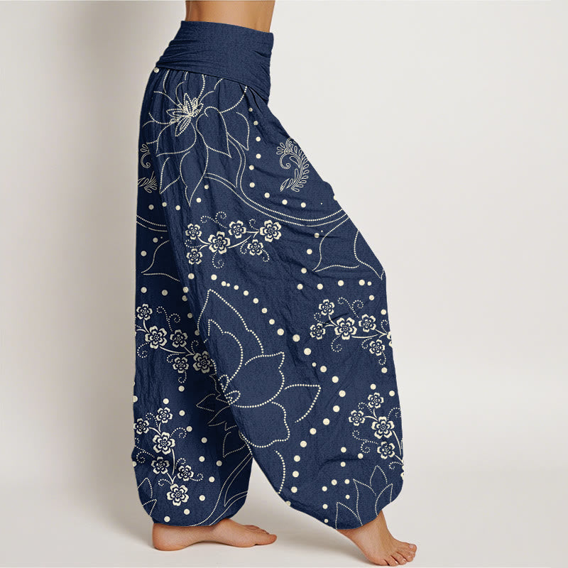 Buddha Stones Casual Large Flower Leave Pattern Women's Elastic Waist Harem Pants - image 2