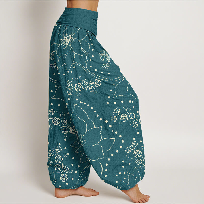 Buddha Stones Casual Large Flower Leave Pattern Women's Elastic Waist Harem Pants - image 6