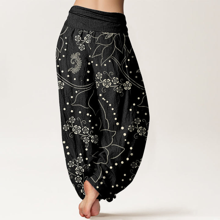 Buddha Stones Casual Large Flower Leave Pattern Women's Elastic Waist Harem Pants - image 10