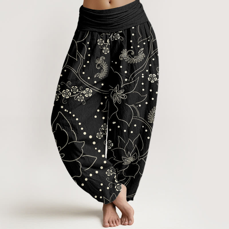 Buddha Stones Casual Large Flower Leave Pattern Women's Elastic Waist Harem Pants - Black - US22，UK/AU26，EU54 (6XL) - image 8