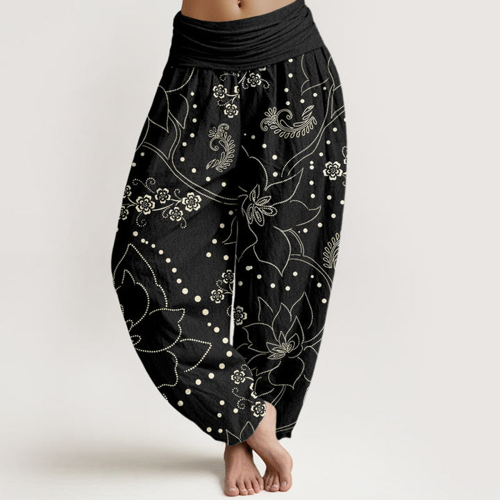 Buddha Stones Casual Large Flower Leave Pattern Women's Elastic Waist Harem Pants - Black - US22，UK/AU26，EU54 (6XL) - image 8
