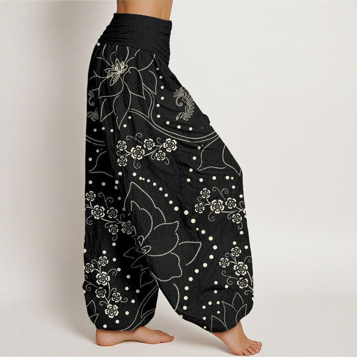 Buddha Stones Casual Large Flower Leave Pattern Women's Elastic Waist Harem Pants - image 9