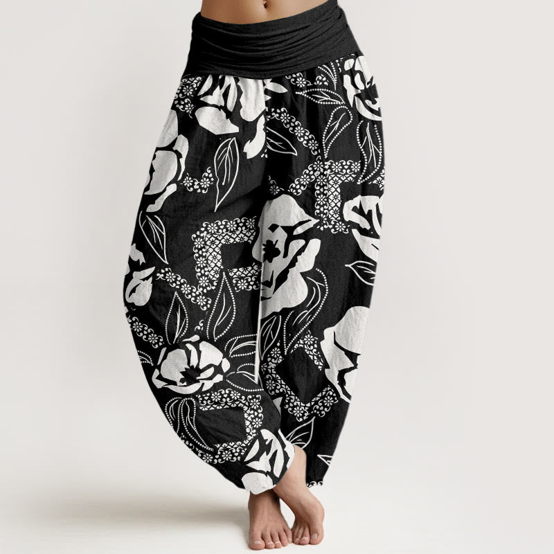 Buddha Stones Casual Simple Floral Leaf Pattern Women's Elastic Waist Harem Pants - Black - US22，UK/AU26，EU54 (6XL) - image 1
