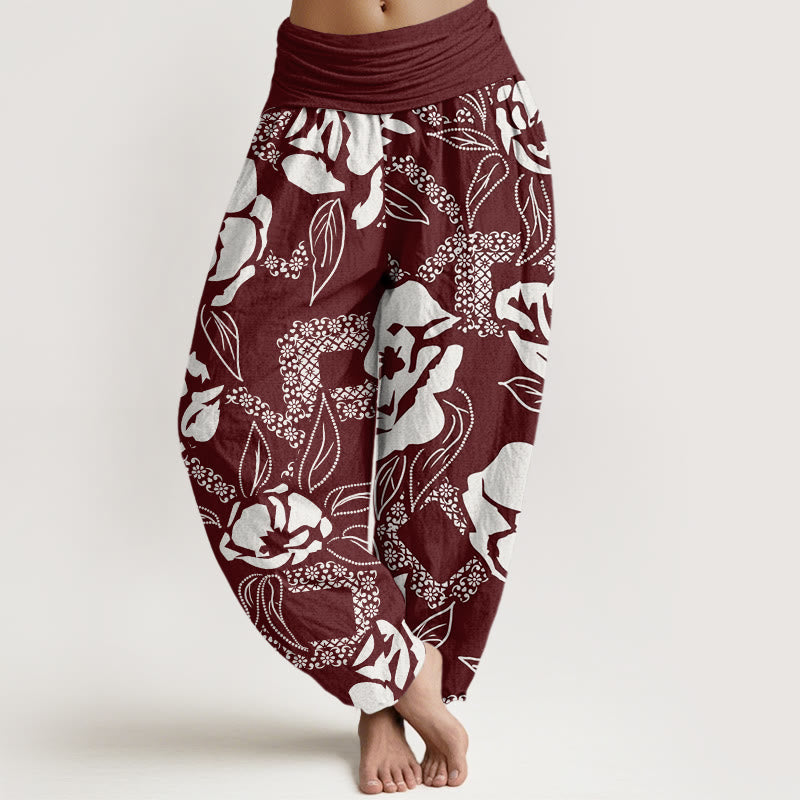 Buddha Stones Casual Simple Floral Leaf Pattern Women's Elastic Waist Harem Pants - Maroon - US22，UK/AU26，EU54 (6XL) - image 5