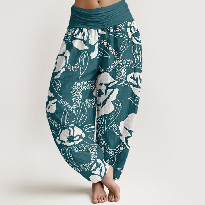 Buddha Stones Casual Simple Floral Leaf Pattern Women's Elastic Waist Harem Pants - Teal - US22，UK/AU26，EU54 (6XL) - image 8