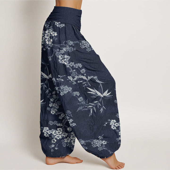 Buddha Stones Pure Cotton White Sakura Flower Pattern Women's Elastic Waist Harem Pants