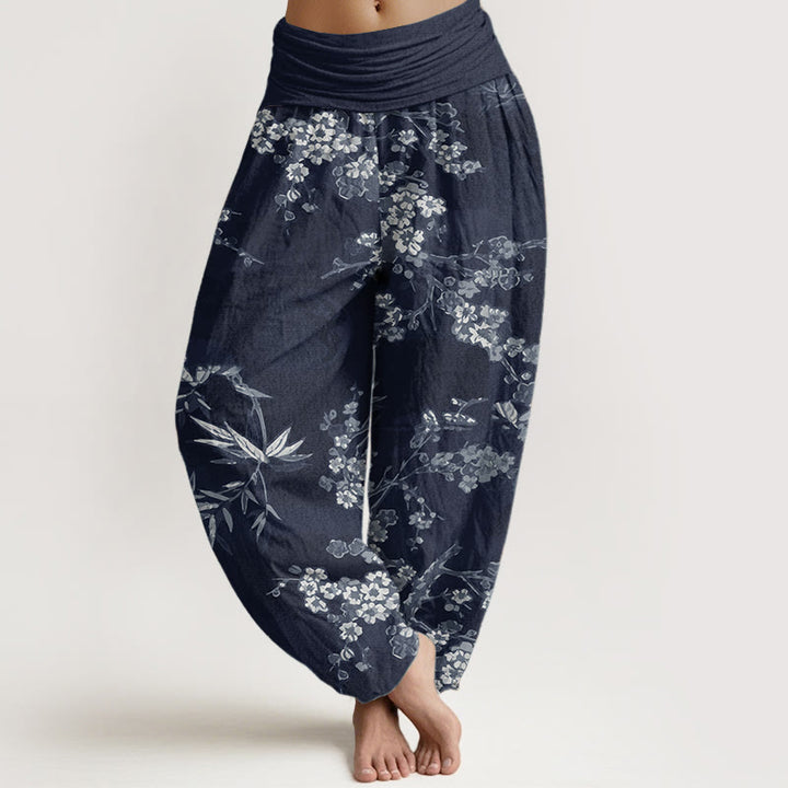 Buddha Stones Pure Cotton White Sakura Flower Pattern Women's Elastic Waist Harem Pants