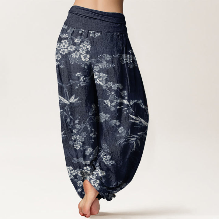 Buddha Stones Pure Cotton White Sakura Flower Pattern Women's Elastic Waist Harem Pants